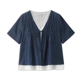 设计师款佐丹奴假两件上衣女牛仔拼接条纹V领短袖衬衫女18345214