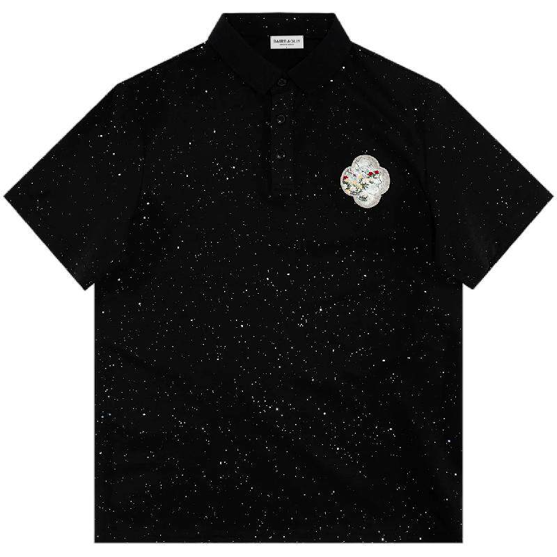 BAIRBAOLIY星空亮片国风花卉刺绣Polo衫轻奢翻领修身休闲帅气短袖