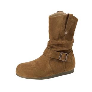 华耐平底短靴女2025秋冬新款游牧风西部靴褶皱堆堆靴内增高勃肯靴