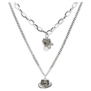 豹纹猫咪项链吊坠饰品钛钢个性蛇骨短款双层叠加链男女气质潮酷新