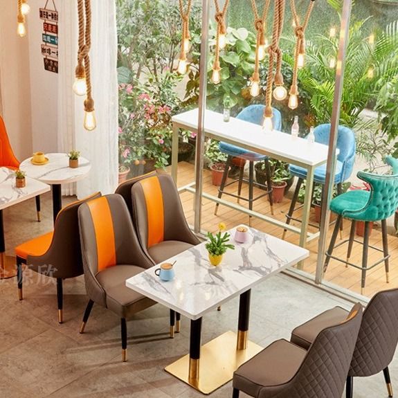 简约售楼处洽谈桌椅现代轻奢皮质铁艺西餐厅咖啡厅休闲桌椅靠背椅