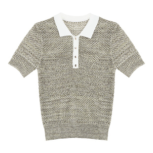 pusumede 慵懒随性 撞色polo领镂空针织衫短袖T恤女气质休闲上衣