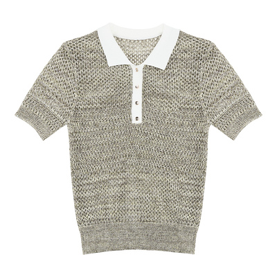 pusumede 慵懒随性 撞色polo领镂空针织衫短袖T恤女气质休闲上衣