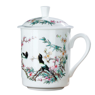 景德镇陶瓷带盖家用小茶杯马克杯骨瓷会议杯青花瓷定制刻字水杯子