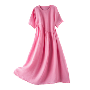 原创棉麻连衣裙女夏季高端文艺复古苎麻拼接袍子长裙宽松度假显瘦