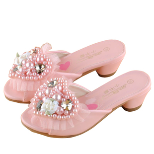 儿童高跟鞋女公主拖鞋时尚外出2025女孩夏艾莎公主外穿女童水晶鞋