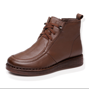 真皮短靴休闲牛筋平底柔软2023年冬季加绒舒服防滑百搭妈妈皮靴