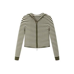 【高弹包芯纱】PIT复古撞色拉链条纹连帽针织开衫女2025秋装新款