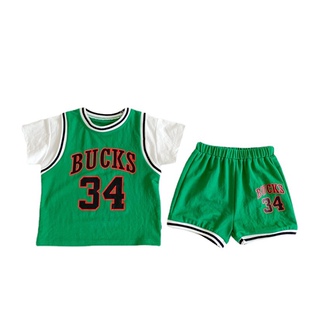 儿童夏季短袖短裤运动套装 假两件螺纹棉套装 数字款