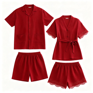 猫人红色纯棉情侣睡衣结婚新婚套装2025新款短袖梭织纱布全棉礼盒