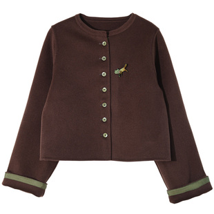 GESGOO文艺风双面羊毛大衣外套女短款秋冬高级感气质圆领驼色毛呢