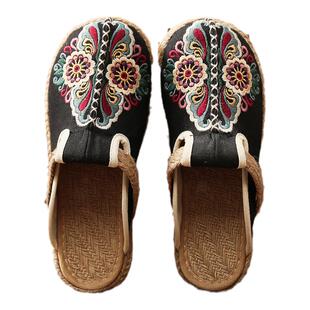 夏季亚麻草编民族风拖鞋绣花软底北京女布鞋复古学生百搭包头渔夫