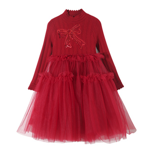 女童礼服连衣裙大童蓬蓬网纱公主裙女孩生日红色裙子儿童拜年服