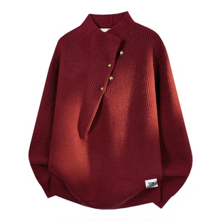 it izzue红色本命年慵懒高领毛衣男款秋冬纽扣设计感针织衫上衣Y