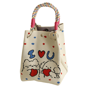 新款日韩ins可爱卡通针织手提包外出便携流行托特手拎方包手提袋