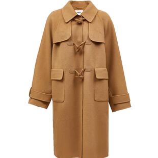 ONLY冬季含绵羊毛牛角扣连帽长款毛呢大衣女|12436U001