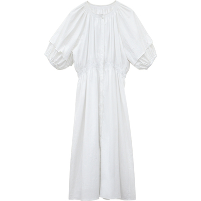 333sss chao美薄荷蓝～优雅法式简约通勤圆领短袖收腰连衣裙长裙