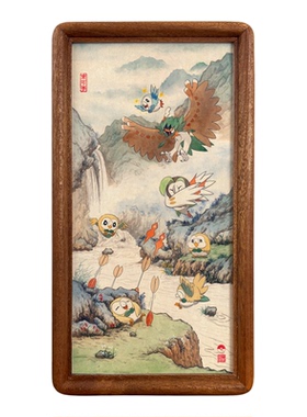 十二秋瞌睡木木枭中国风宝可梦山水画狙射树枭创意装饰画桌面摆件