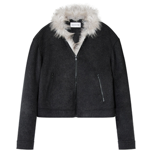 出逃赤岗西 高级感毛绒羊毛毛呢夹棉保暖黑色外套开衫女秋冬夹克