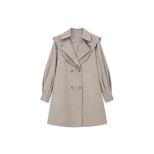 PIT复古灰绿色镂空风衣女2025秋装新款款宽松双排扣韩系休闲外套