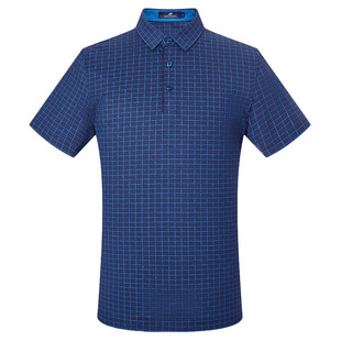 蔓哈顿夏季新款桑蚕丝混纺T恤男开衫翻领短袖中年格子Polo衫