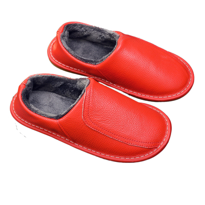 秋冬真皮面包跟毛绒厚底棉拖鞋