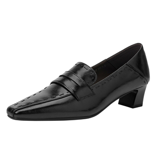 达芙妮乐福鞋女秋冬季2026新款高跟鞋复古小方头皮鞋粗跟深口单鞋