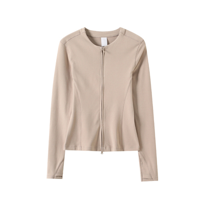 弹力磨毛薄绒双头拉链修身短外套