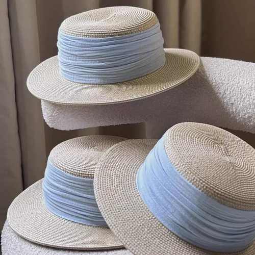 夏季小清新太阳帽子温柔礼帽平顶防晒法式草帽女高级蓝色感遮阳帽