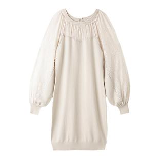 SNIDEL秋冬气质淑女灯笼袖圆领修身蕾丝拼接针织连衣裙SWNO235023