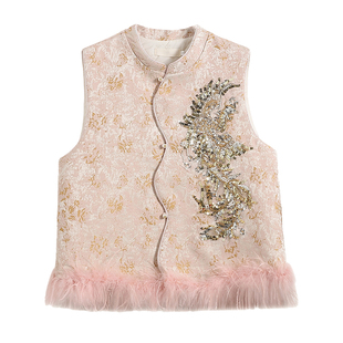 新中式立体亮片重工提花圆领夹棉加厚盘扣改良鸵鸟毛背心马甲女冬