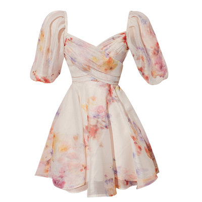 V领泡泡袖时尚印花短裙