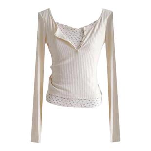 碎花假两件长袖T恤女秋冬季杏色内搭修身打底衫纯欲甜辣短款上衣