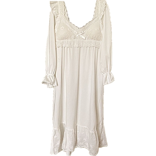 纯欲公主风！2024秋宫廷风可爱性感蕾丝花边灯笼袖长袖睡裙带胸垫