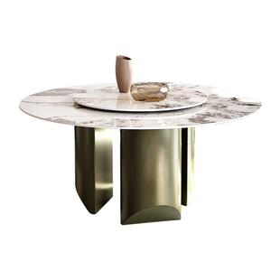 亮光岩板餐桌带转盘6/8人家用古铜别墅高端潘多拉亮光岩板圆餐桌