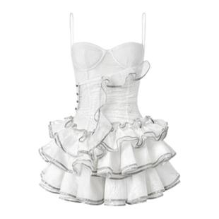 【段艺璇同款】LSOUL 2025新款白色甜美吊带连衣裙短款花边摆裙