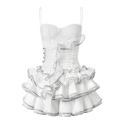 【段艺璇同款】LSOUL2025新款白色甜美吊带连衣裙短款花边摆裙