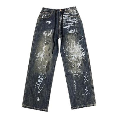 涂鸦手绘牛仔裤男款大码直筒长裤