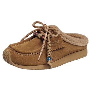 红蜻蜓加绒勃肯鞋女半拖鞋子冬季新款一脚蹬女鞋外穿毛绒加棉拖鞋