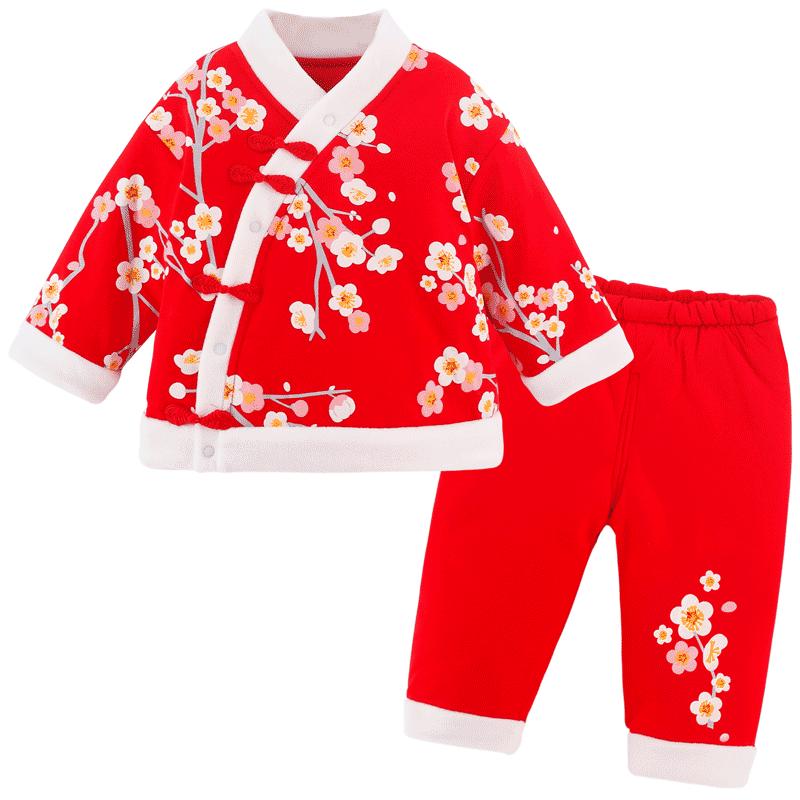 宝然女宝宝唐装抓周礼服棉衣秋冬大红色中国风婴儿汉服拜年服9192