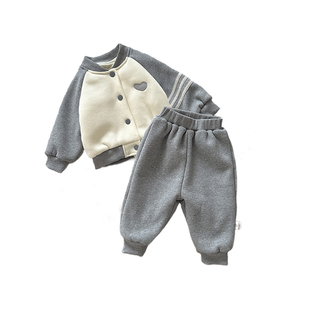 男童冬款棒球服套装女宝宝韩版加绒加厚外套婴儿时尚保暖小脚裤子