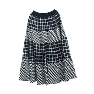 忘城Y355座/生活格式化/早春新品复古亚麻黑白格子拼接半身裙女