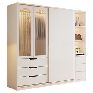 衣柜卧室家用法式奶油风实木推拉门玻璃衣橱定制简易组装储物柜子