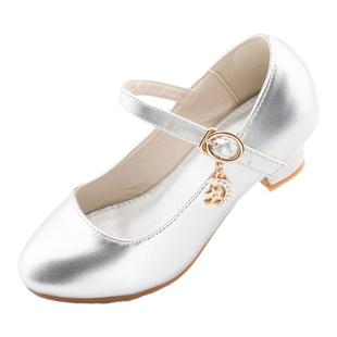 女童高跟鞋新款秋鞋学生皮鞋中大童银白色舞台主持走秀合唱演出鞋