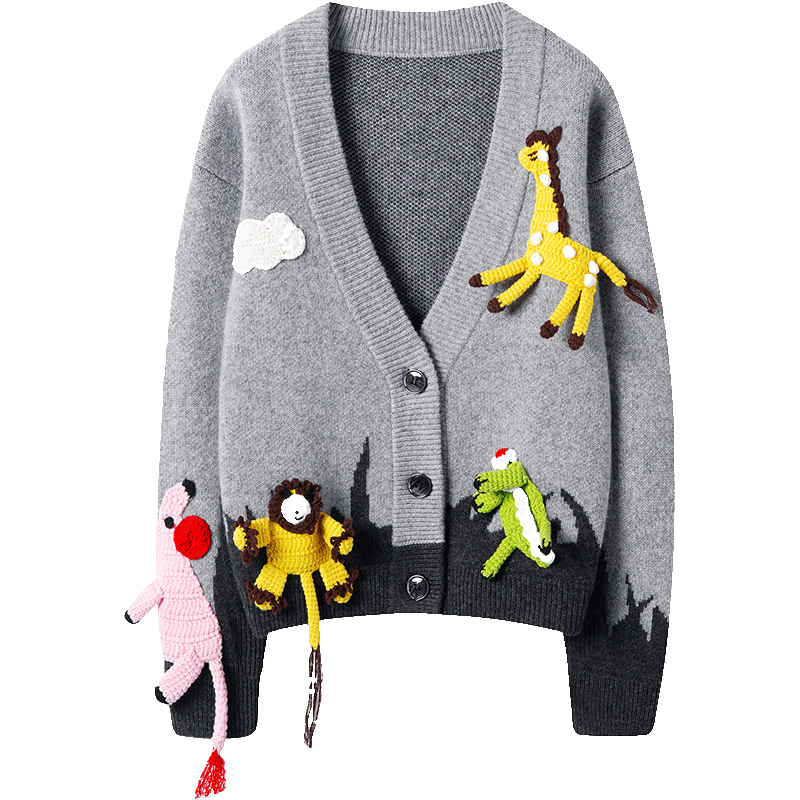 可爱！爱不释手~灰色手工编织动物羊绒开衫 V领单排扣宽松版