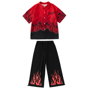 街舞儿童潮服嘻哈短袖黑红演出服男童套装hiphop女童酷帅表演