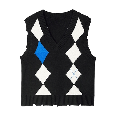 【羊毛针织马甲】MSLAN撞色菱格