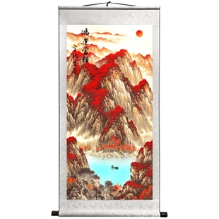 国画卷轴挂画山水画鸿运当头竖款喷绘玄关背景墙客厅办公室装饰画