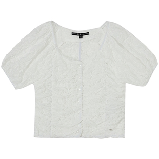 GUESS 女士纯欲极简清新纯白泡泡袖圆领褶皱衬衫-YM2W1265