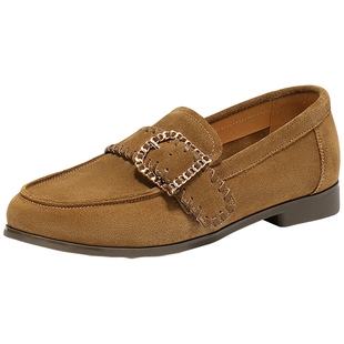 森达绒面乐福鞋女鞋新款真皮软底黑色单鞋一脚蹬平底棕色通勤皮鞋